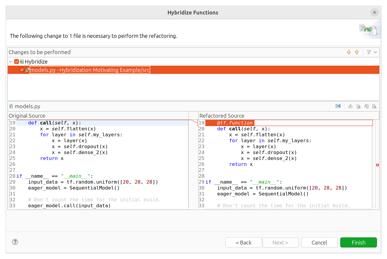 Refactoring preview: @tf.function injected before def call. (Khatchadourian et al. 2025.)